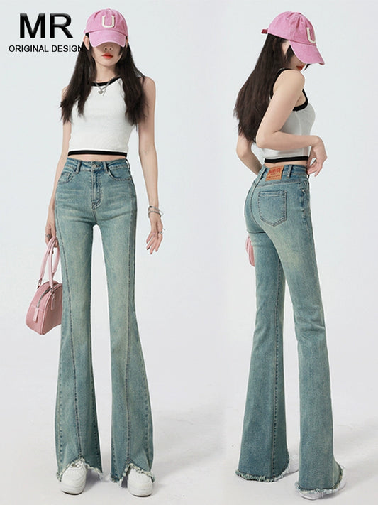 Retro High-Waist Light Blue Slim-Fit Raw Hem Jeans