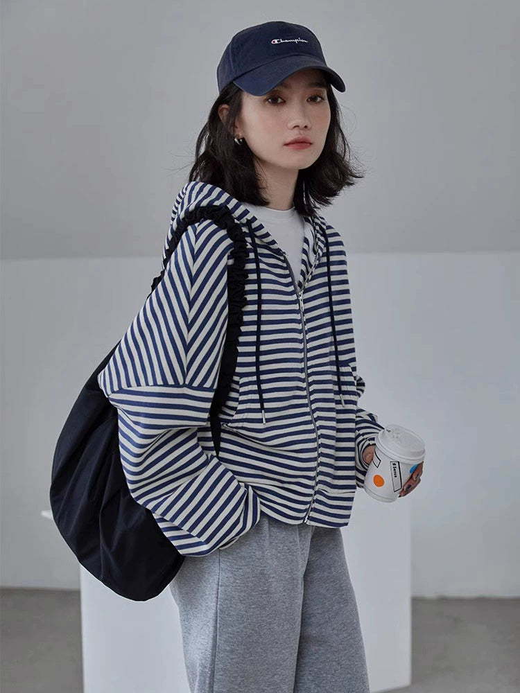 Striped Autumn Dress Loose Preppy Style Long Sleeves Hooded Sweatshirt