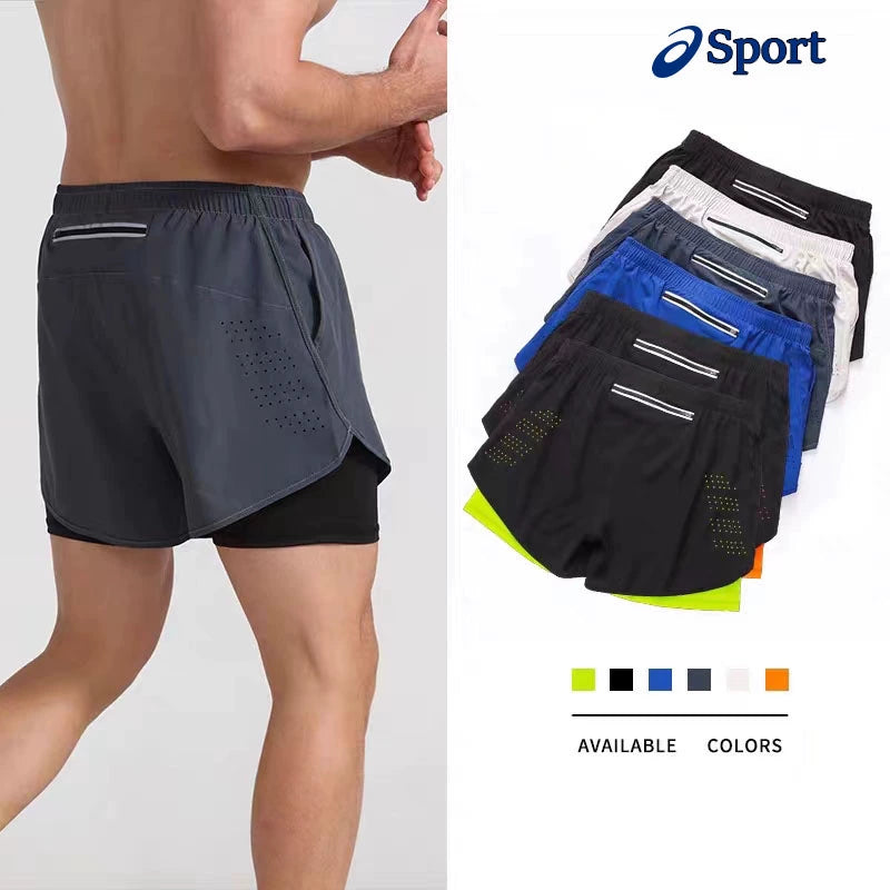 Running Shorts Men's Professional Marathon Track and Field Three Points Pant Belt Lined Double-Layer Pants Sports Fitness Handphone-Friendly