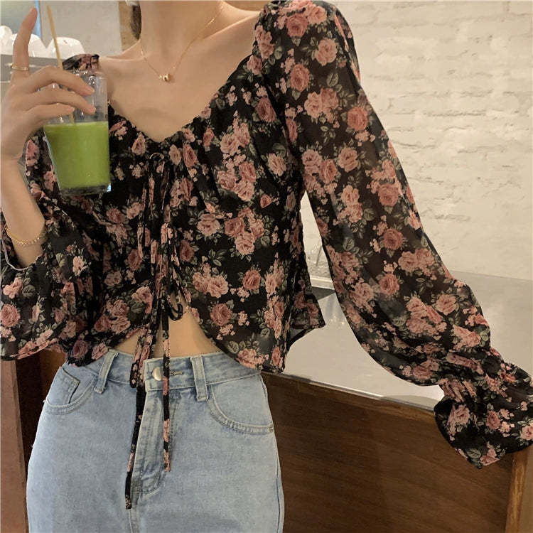 French Style High-Waist Chiffon Crop Top with Long Sleeves