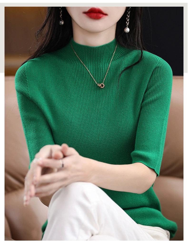 Spring & Fall Half Turtleneck Knitting Short Sleeve Women's Slim-Fit All-Match T-shirt Half Sleeve Shirt 2024 New Arrival Bottoming Shirt Half Sleeve