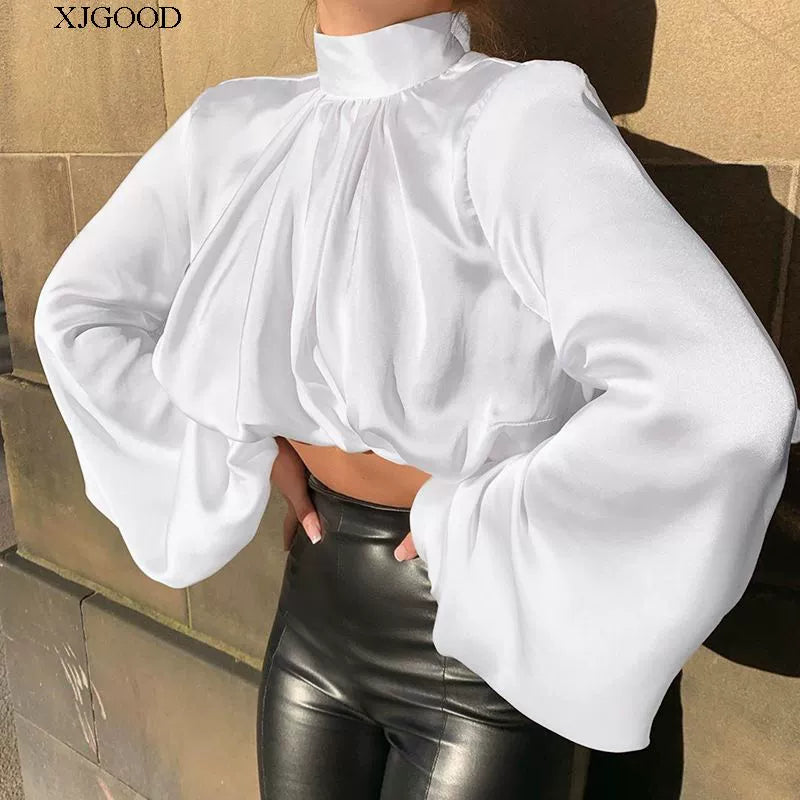 Women's Solid Color Balloon Sleeve Open Waist T-shirt Solid Color Lantern Sleeve T-shirt