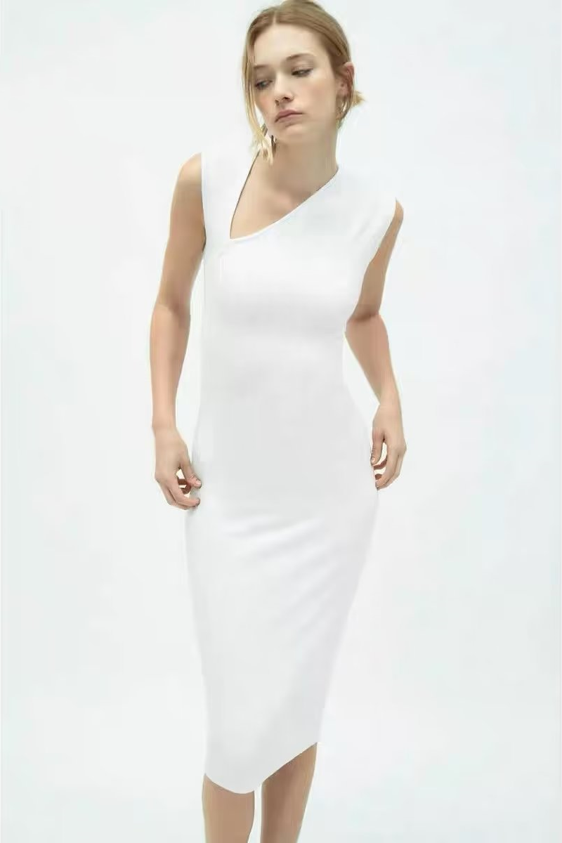 Za New Sexy Asymmetric Shoulder Sleeveless Vest T-shirt Skirt Skinny Sheath Midi Skirt Dress 5584179