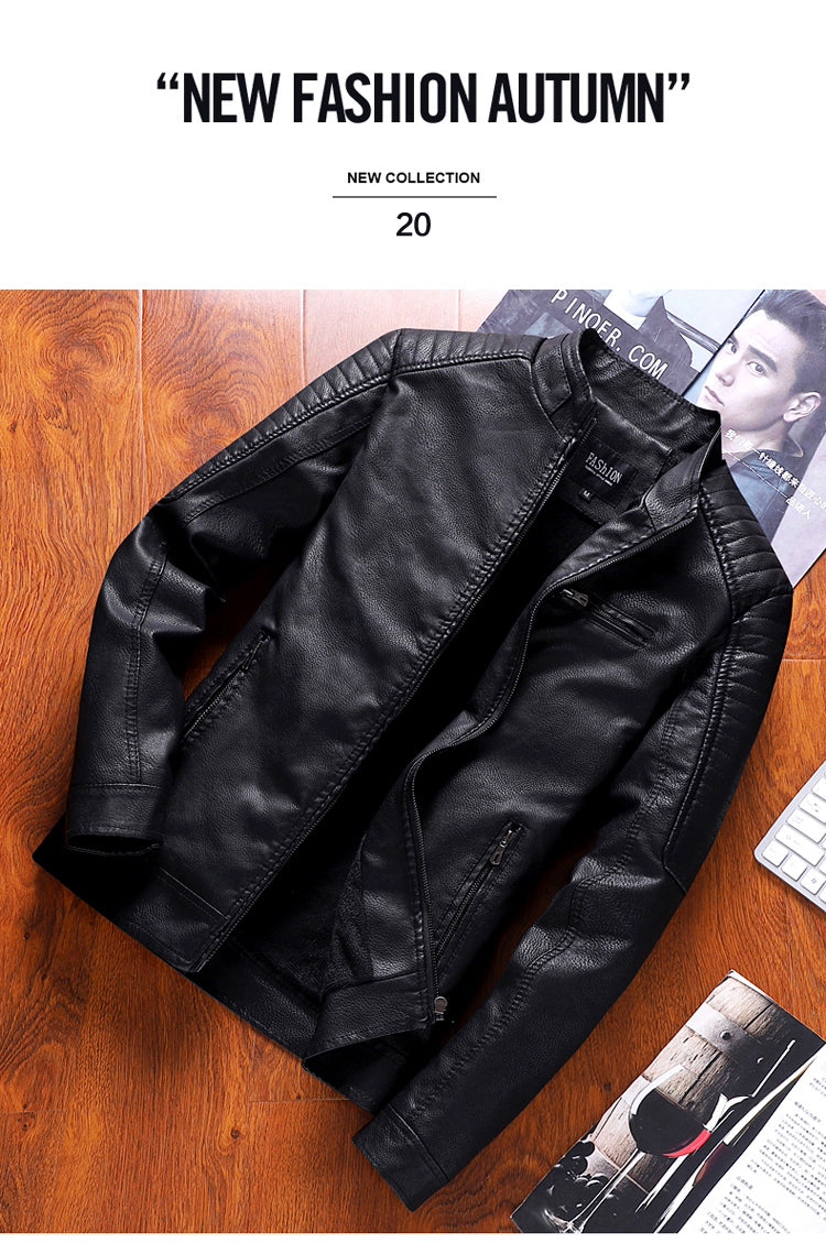 K-style Silm Autumn and Winter Fleece-lined Stand Collar Youth Leather Coat