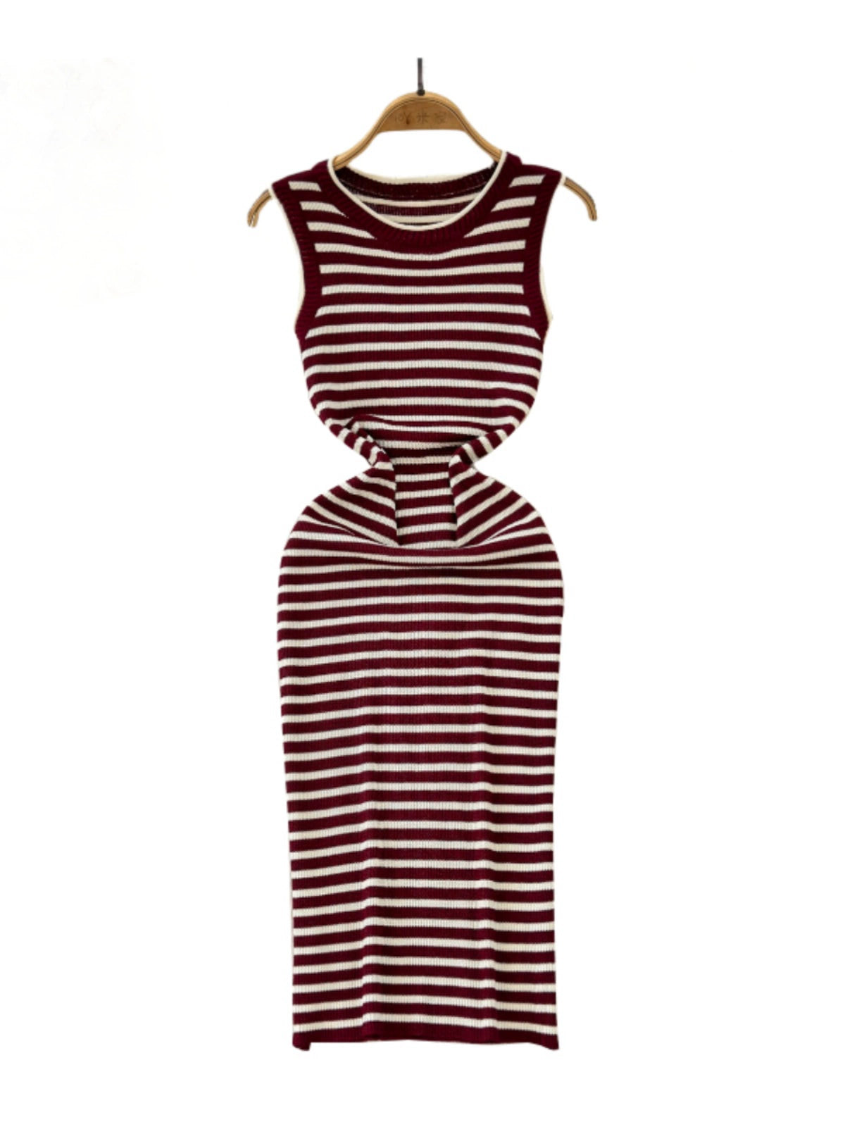 Summer New Temperament Crew Neck Sleeveless Stretch Waist Hip Knitted Dress No Slit Sleeve Hip-Wrapped Mid-Length Dress