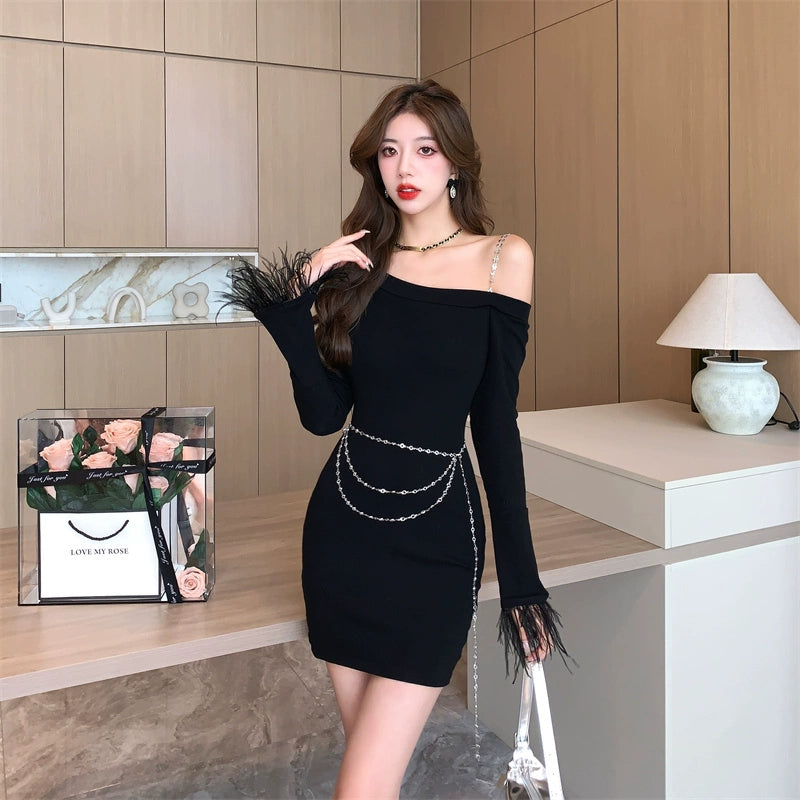 2023 New Sexy Black Slim-Fit Long Sleeve Dress