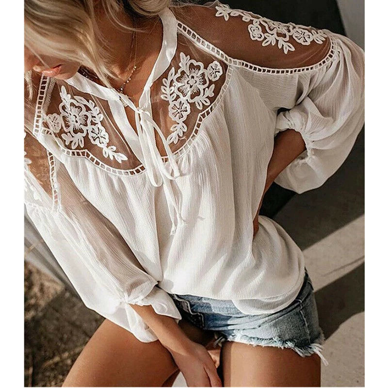 Summer Solid Color V-Neck Mesh Panel Shirt Mesh Stitching Shirt