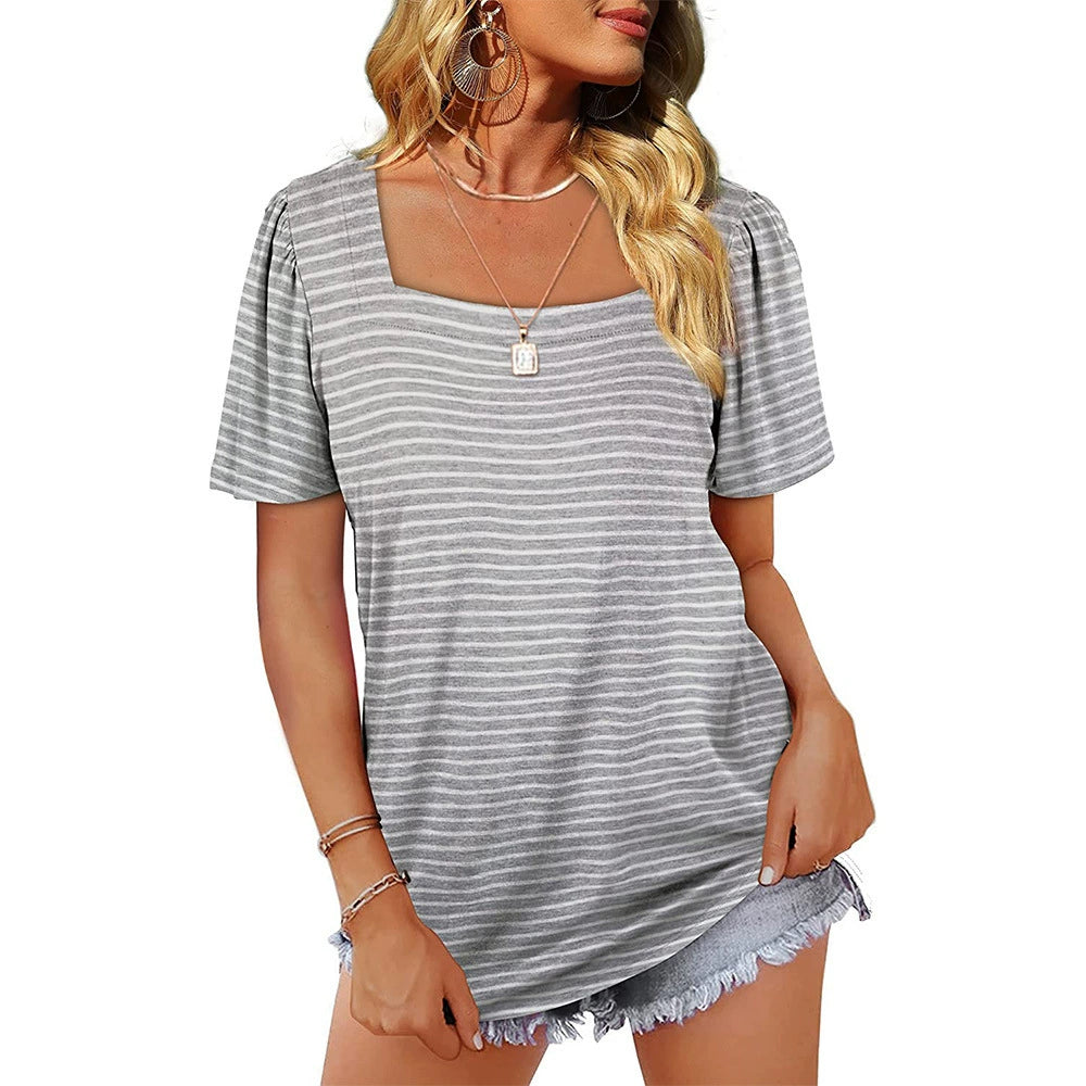 Women's New Smocked Striped Square Neck Short Sleeve T-shirt