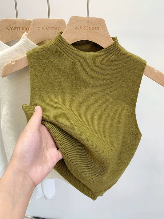 Small High Neck Inner Wear Bandage Dress Sleeveless Green Vest 2023 Summer K-style Short Silm Outwear Knitting Vest for Women