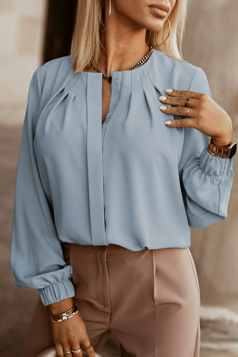 Pure Color Pleating Casual Stretch Button Long Sleeves Shirt