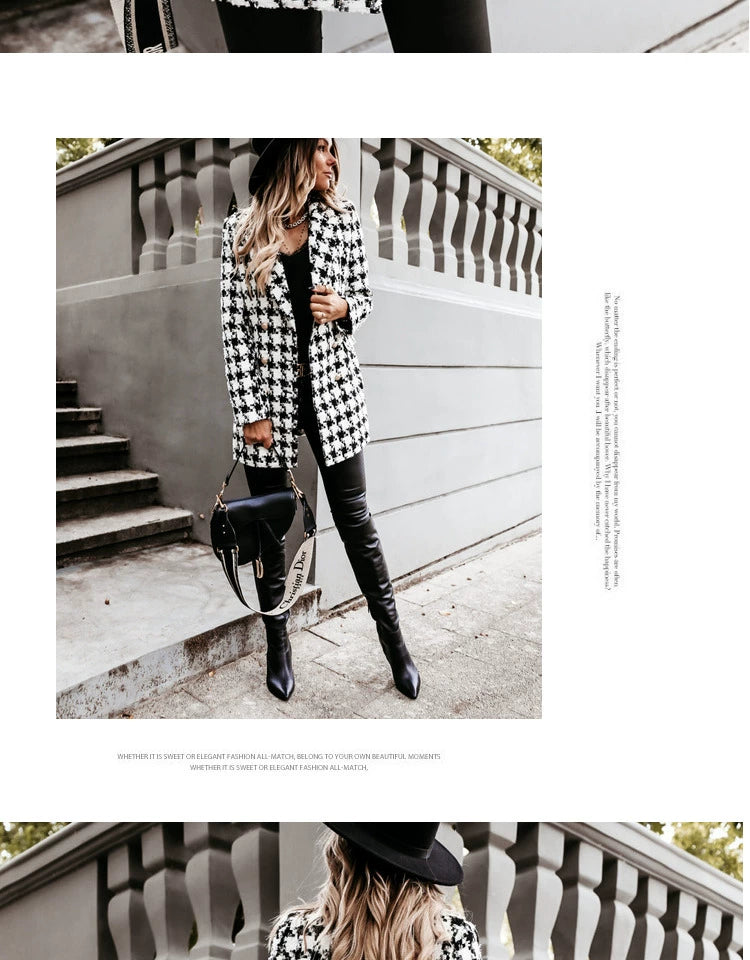 European and American Street Shot Autumn and Winter Women's Houndstooth Vintage Plaid Slim Fit Mid Length Long Length Long-Sleeved Woolen Coat Woolen Coat