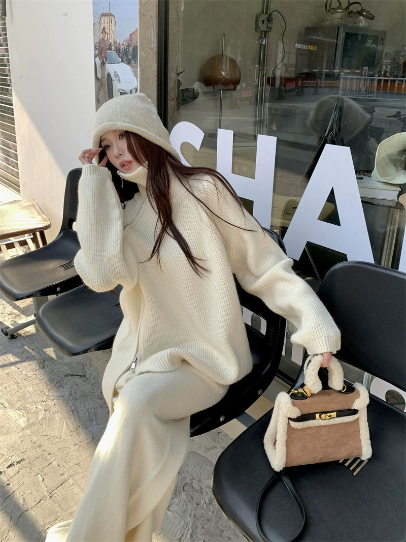 Suitable for Pregnant Women Suit Loose and Idle Side Zipper Turtleneck Knitting Sweater Loose Pants Two Piece Set for Pregnant Women