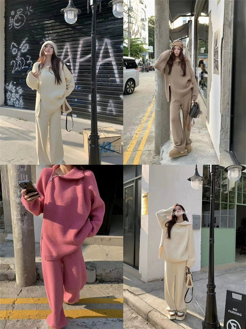 Suitable for Pregnant Women Suit Loose and Idle Side Zipper Turtleneck Knitting Sweater Loose Pants Two Piece Set for Pregnant Women