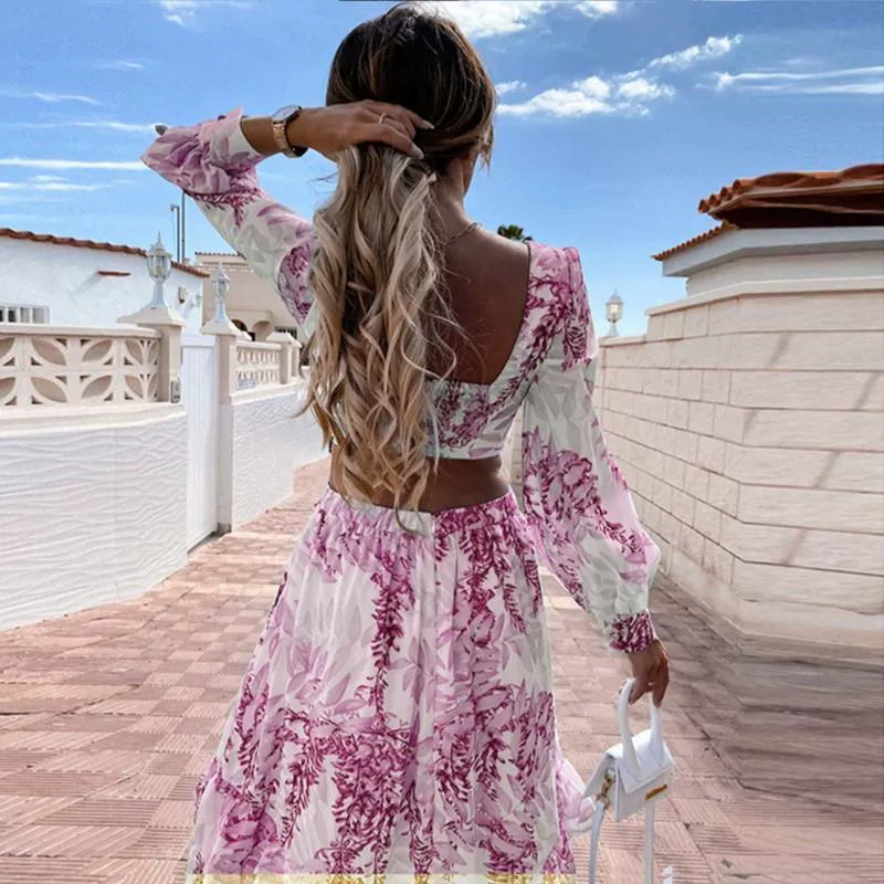 Bohemian Fashion Deep V Neck Print Back Hollow Sexy Sexy Slim-Fit Long-Sleeved Dress Dress Dress Dress