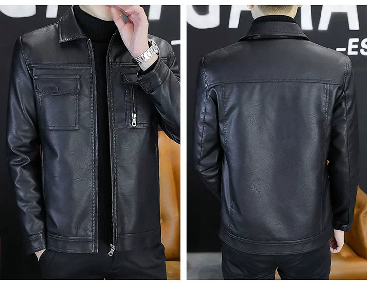 Men Leather Coat Motorcycle Clothing Short Chic Fleece Padded Coat Autumn and Winter Trends Handsome Slim-Fitting Lapel PU Leather Jacket