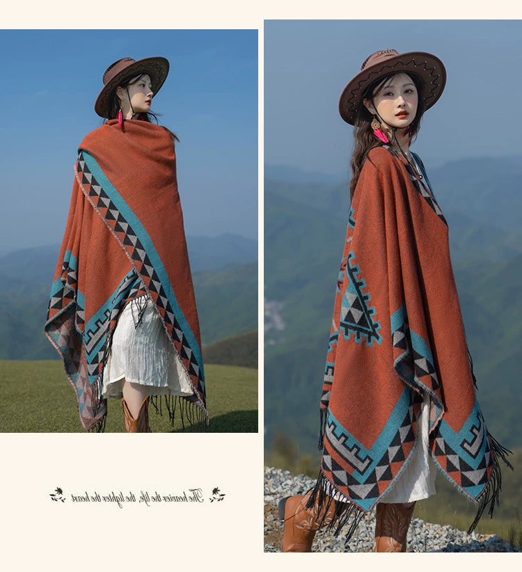 Early Autumn Travel Knit Cloak with Tassel Scarf