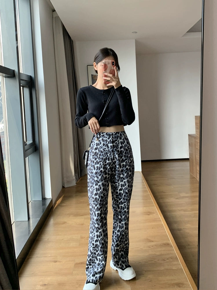 Women's High-End Leopard Print Trumpet Pants - High Waist, Casual, Slimming Drape, Retro Spring 2024 Mopping Pants