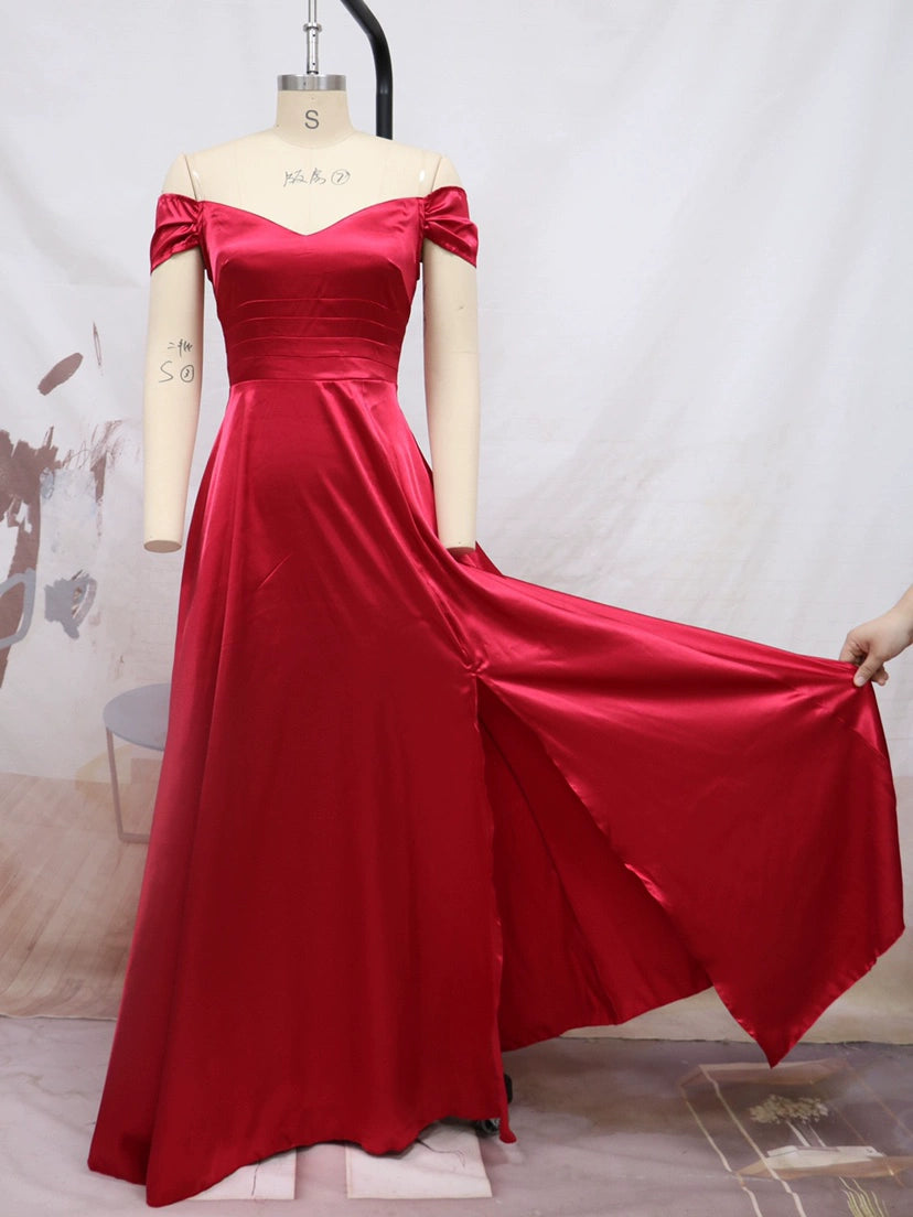 Solid Satin A Line Maxi Dress Wedding Evening Party Gown