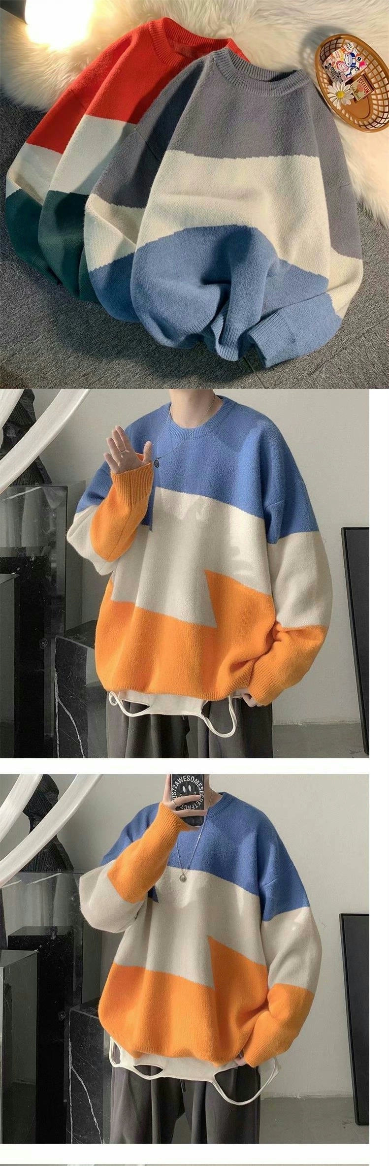 Hong Kong Style Color Stitching Thickened Keep Warm Inner Match Loose-Fit Sweater