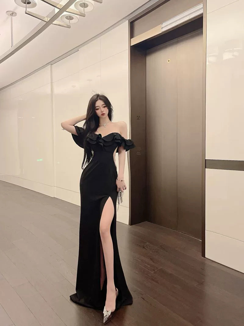 French Style Classy Sexy Open Back off-Shoulder Dress Female Summer Ruffles Temperament Sheath Split Evening Long Dress