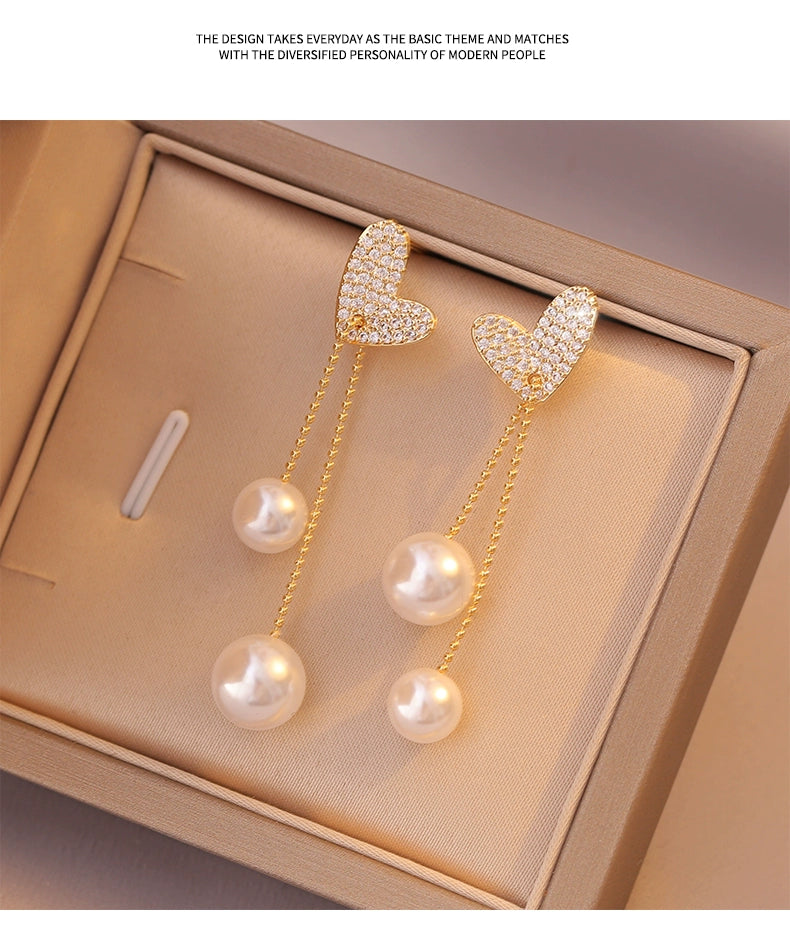 Light Extravagant Love Heart Niche Design Pearl Tassel Earrings