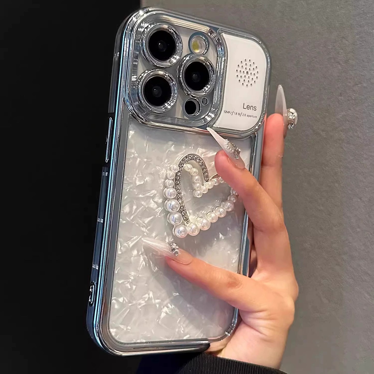 Pearl Heart Diamond Pattern Large Window for Apple 15promax Phone Case New Arrival Iphone14pro Lens All-Inclusive Drop-Resistant 13pm Niche Style Electroplating Fancy Goddess Ip15por Soft