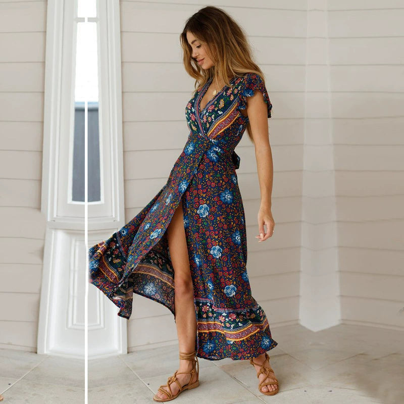 Wrap Maxi Dress Ladies Sexy V Neck Wrap Summer Boho Dresses