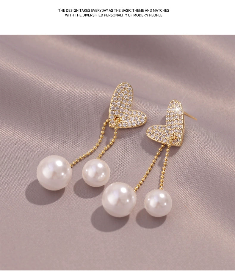 Light Extravagant Love Heart Niche Design Pearl Tassel Earrings