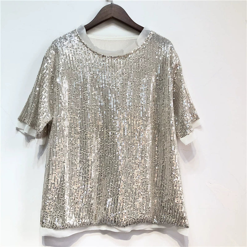 Silver Mermaid Short Sleeve Loose Sequins T-shirt