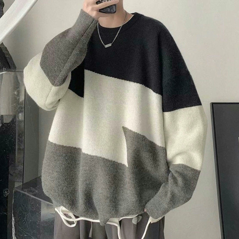 Hong Kong Style Color Stitching Thickened Keep Warm Inner Match Loose-Fit Sweater