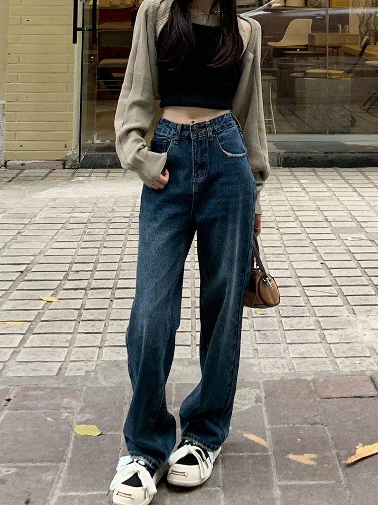 Dark Blue High Waist Straight-leg Denim Female Loose Slim Looking Narrow Version Wide Leg Mop Pants