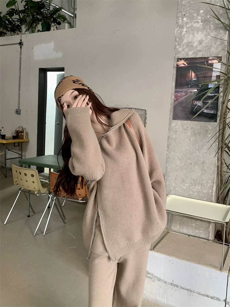 Suitable for Pregnant Women Suit Loose and Idle Side Zipper Turtleneck Knitting Sweater Loose Pants Two Piece Set for Pregnant Women