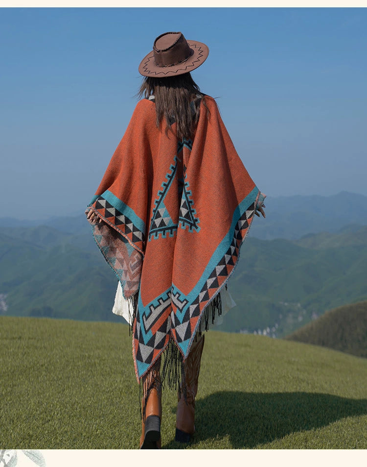 Early Autumn Travel Knit Cloak with Tassel Scarf