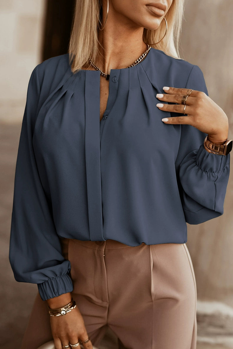 Pure Color Pleating Casual Stretch Button Long Sleeves Shirt