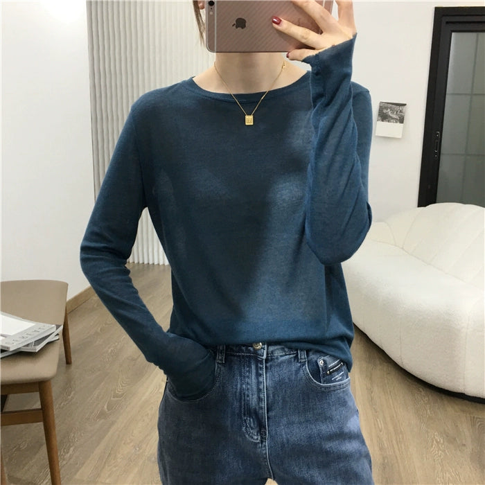 Simple Solid Color Long Sleeve Lightweight T-shirt