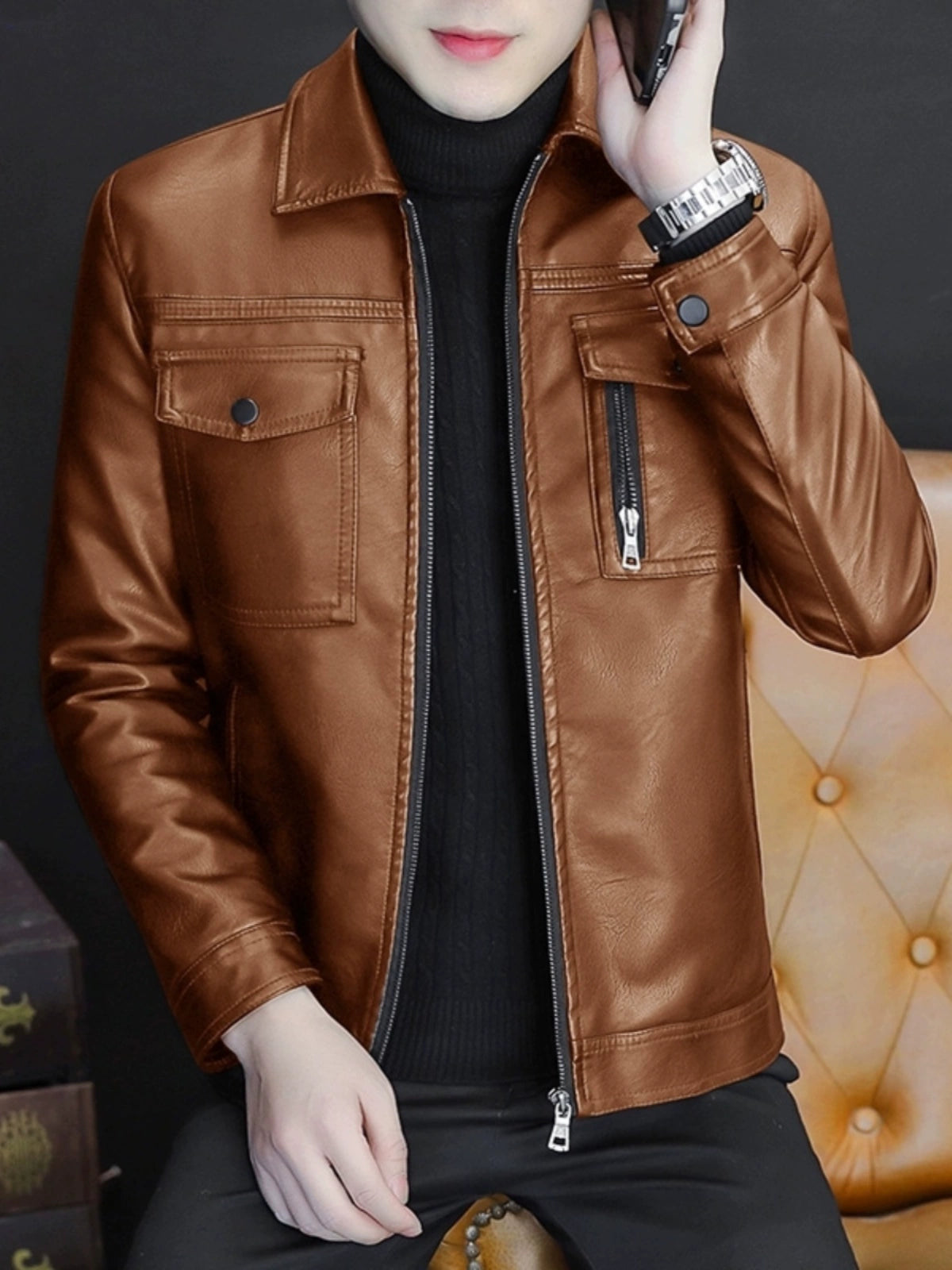 Men Leather Coat Motorcycle Clothing Short Chic Fleece Padded Coat Autumn and Winter Trends Handsome Slim-Fitting Lapel PU Leather Jacket