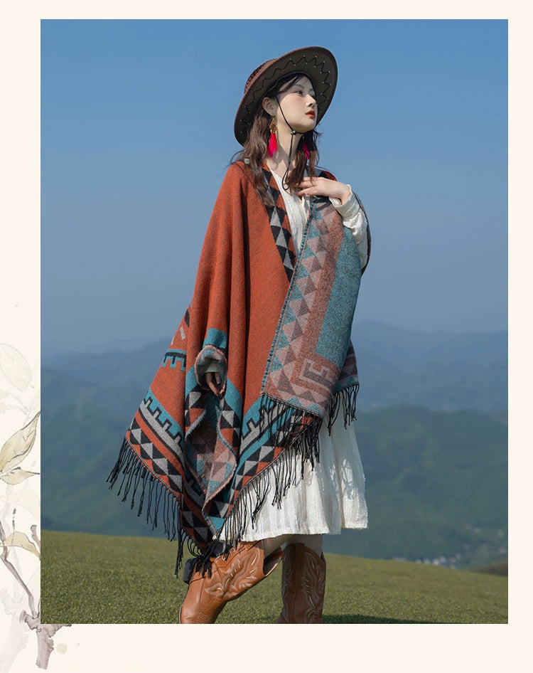 Early Autumn Travel Knit Cloak with Tassel Scarf