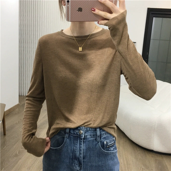 Simple Solid Color Long Sleeve Lightweight T-shirt