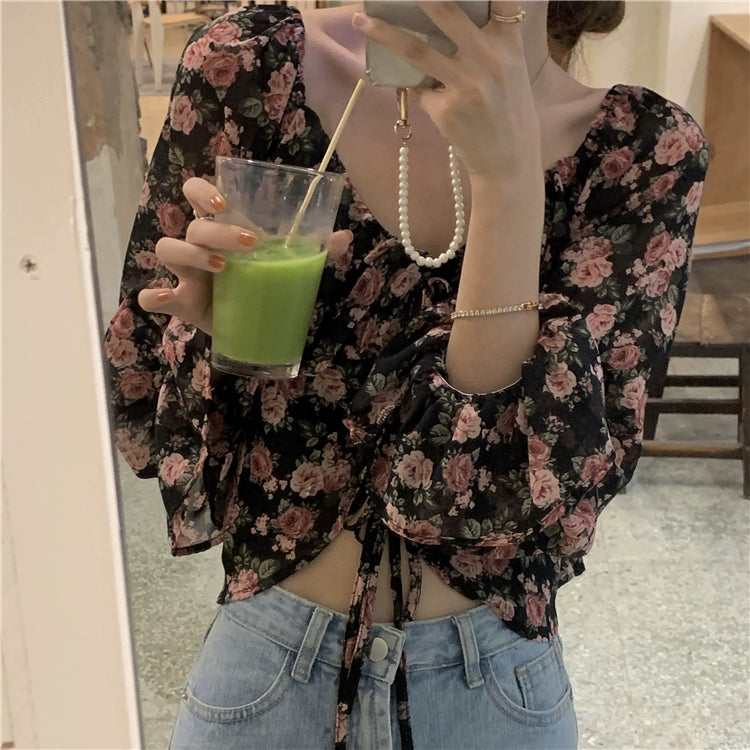 French Style High-Waist Chiffon Crop Top with Long Sleeves