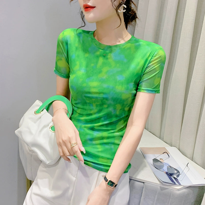 Women's European Station Printed Mesh Top T-shirt with Short Sleeves