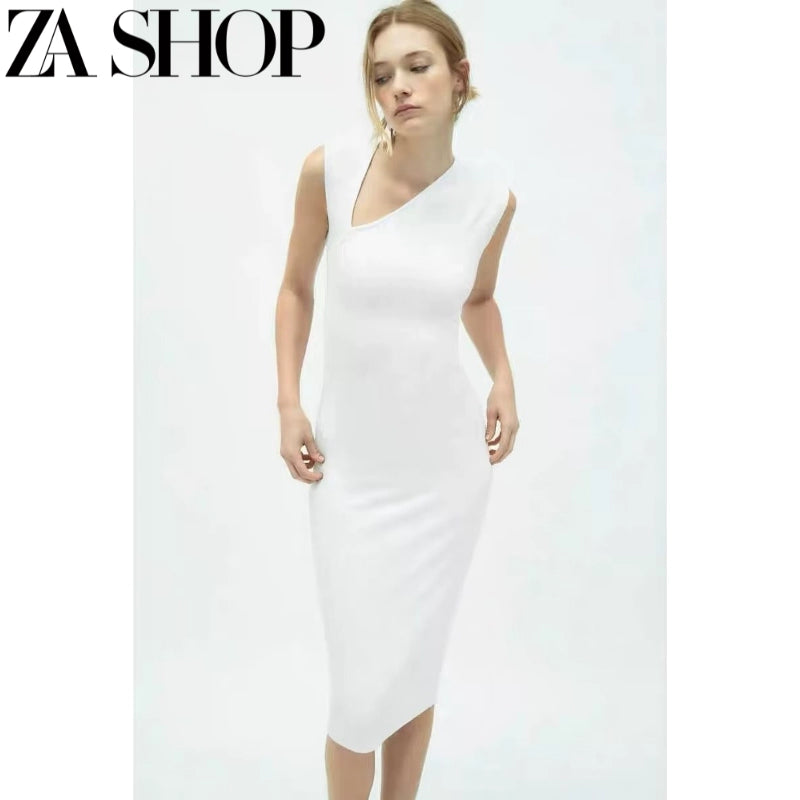 Za New Sexy Asymmetric Shoulder Sleeveless Vest T-shirt Skirt Skinny Sheath Midi Skirt Dress 5584179