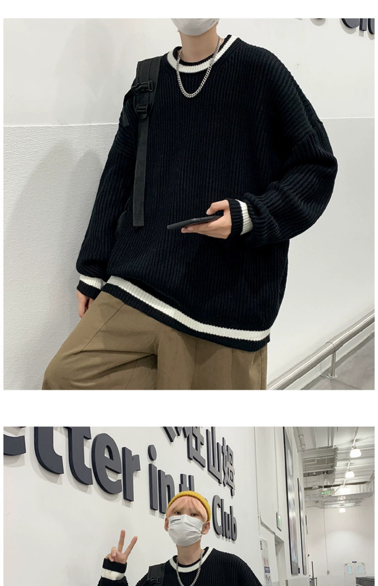 Fashion Brand Color Matching Handsome BF Idle Style Casual Sweater