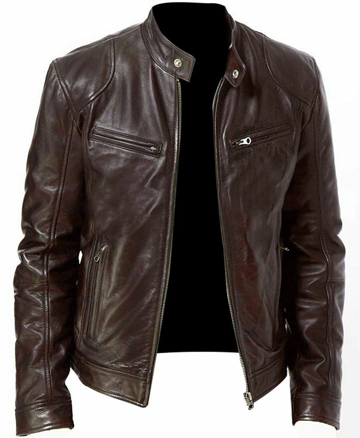 Plus Size 2024 Men's Stand-up Collar Slim Fit Leather Jacket Zipper Pocket Decorative PU Leather Coat Motorcycle Clothing Py31 Tep55