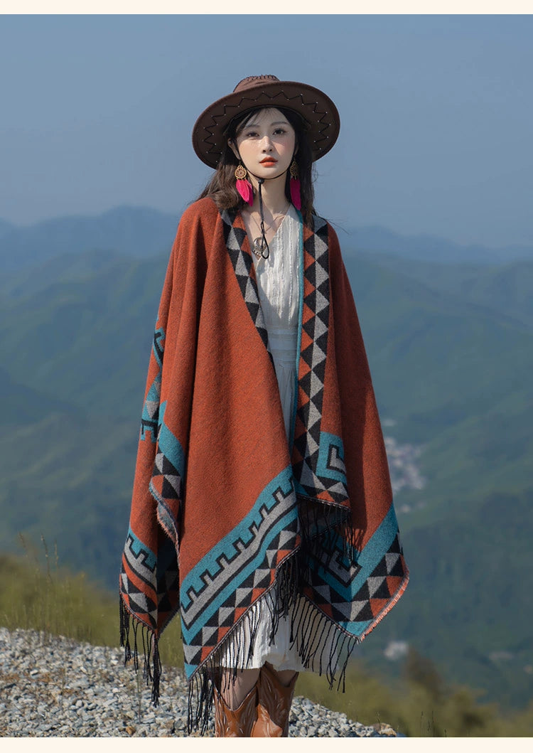 Early Autumn Travel Knit Cloak with Tassel Scarf