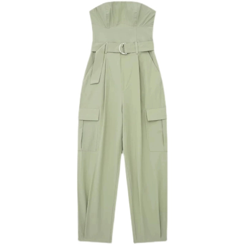 Women's Slim Fit Tube Top Overalls with Provence-Inspired Fashion Style and Straight-Leg Pants