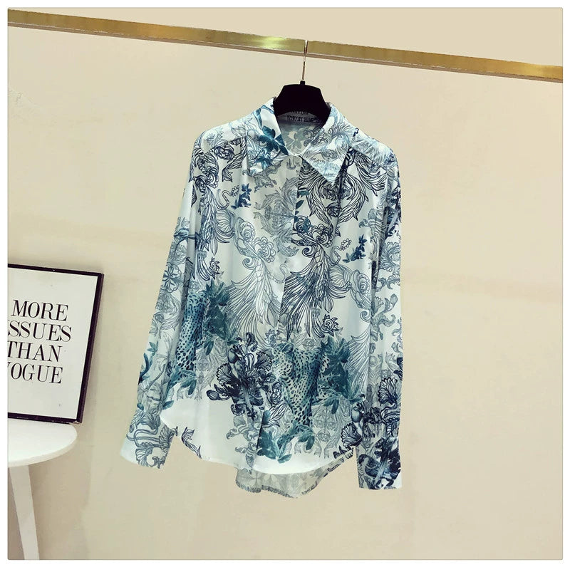 Fashion Floral Print Long Sleeve Loose Satin Silk Shirt