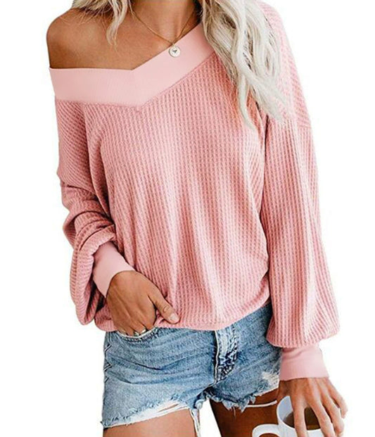 Spring College Solid Color and V-neck Loose Upper Clothes Long Sleeves T-shirt