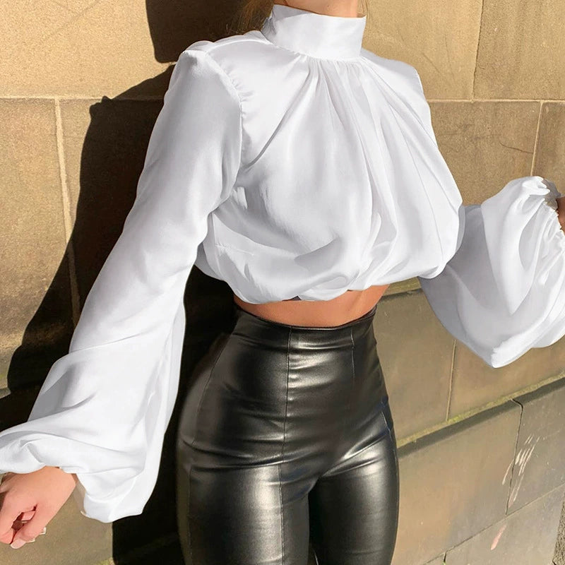 Women's Solid Color Balloon Sleeve Open Waist T-shirt Solid Color Lantern Sleeve T-shirt