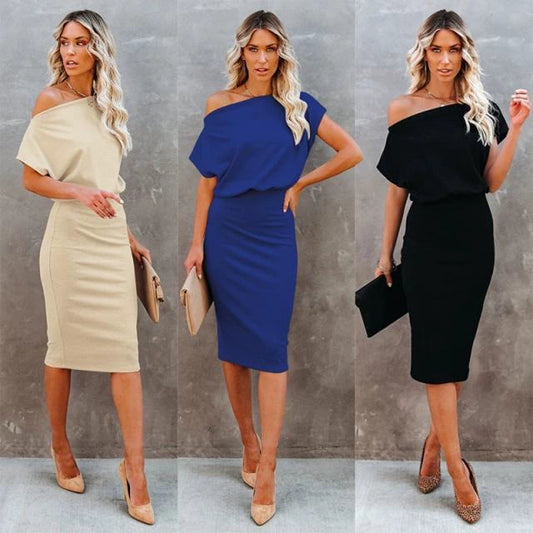 Fashion Street Sexy off-Neck Fashion Tight Waist Solid Color Dress