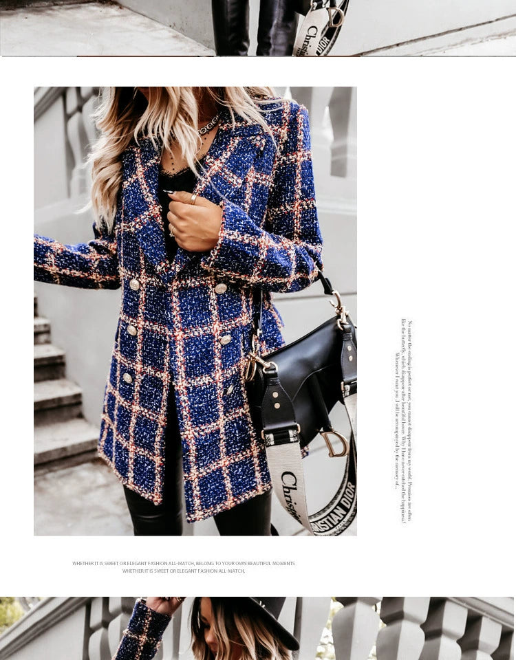 European and American Street Shot Autumn and Winter Women's Houndstooth Vintage Plaid Slim Fit Mid Length Long Length Long-Sleeved Woolen Coat Woolen Coat